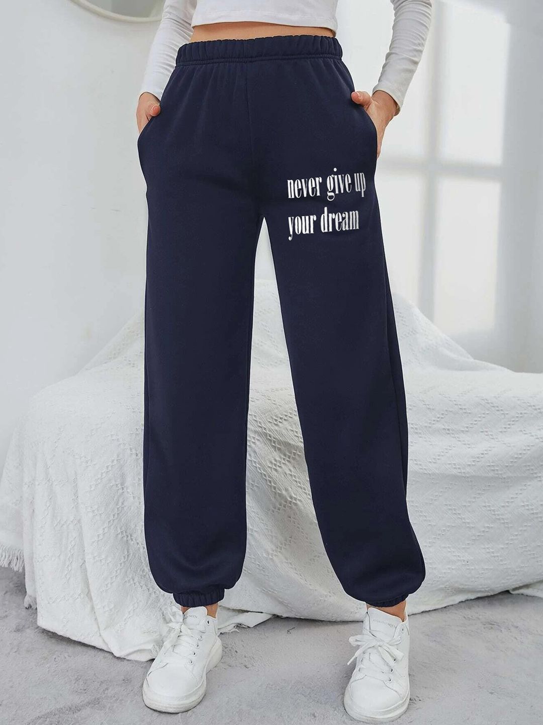 Kotty Women Navy Blue Typography Printed Relaxed Fit Pure Cotton Joggers