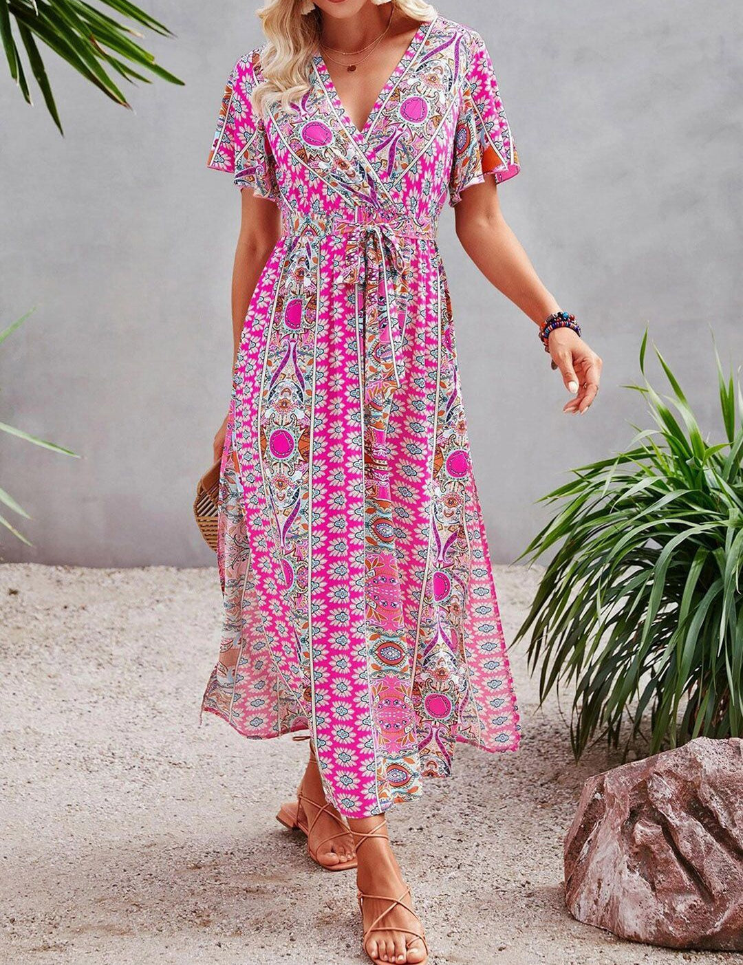 Kotty Floral Printed V-Neck Wrap Maxi Dress