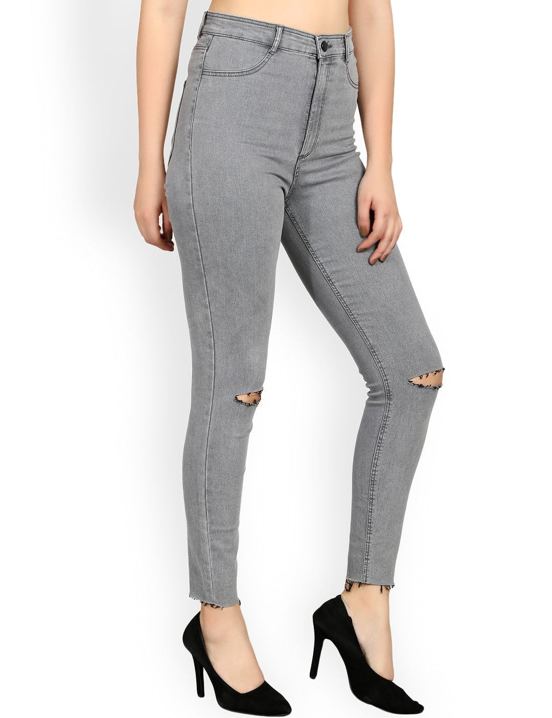 Kotty Women Grey Skinny Fit High-Rise Slash Knee Jeans