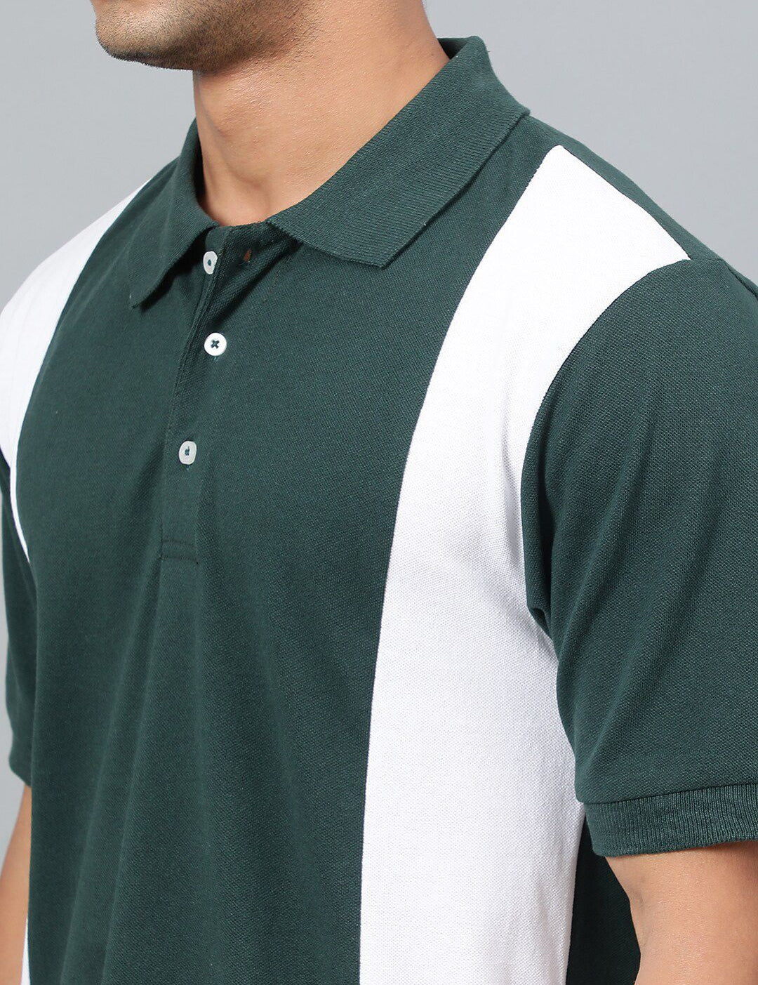 Kotty Green & White Colourblocked Polo Collar Cotton T-shirt