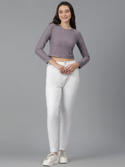 KOTTY Basics Brown Long Sleeves Crop Slim Fit Cotton Casual T-shirt