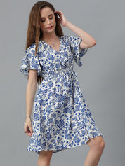 Kotty White & Blue Floral Printed Flared Sleeves Crepe Smocked Fit & Flare Dress