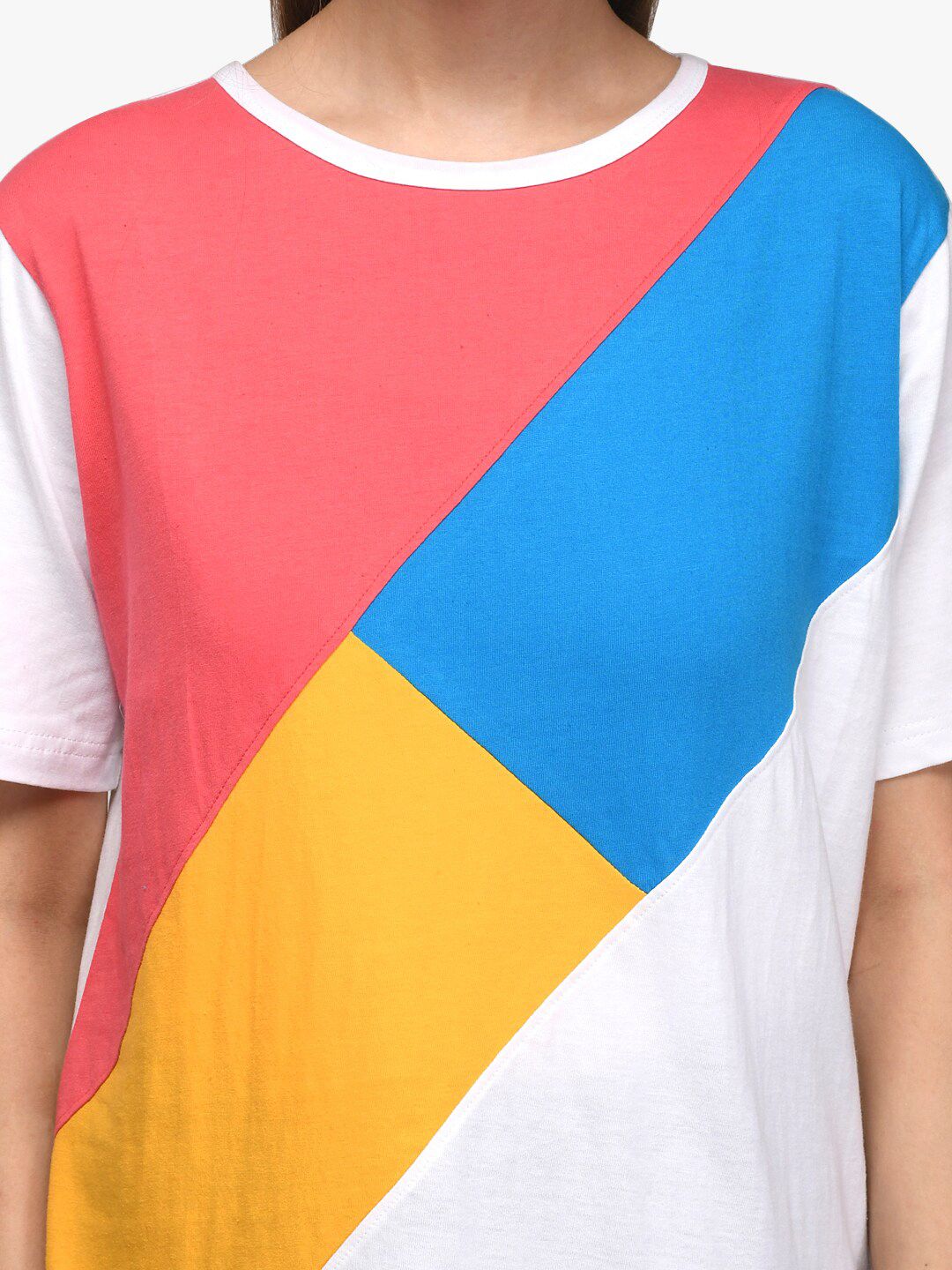 Kotty Women White & Blue Colourblocked Boat Neck T-shirt