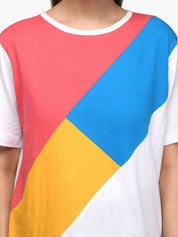 Kotty Women White & Blue Colourblocked Boat Neck T-shirt