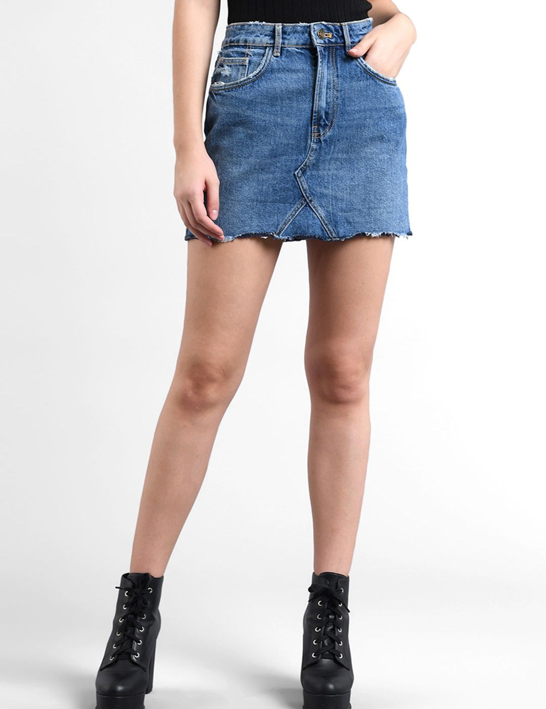 Kotty Women Blue Solid Denim Mini Straight Skirt