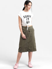 Kotty Women Olive Green Solid Midi A-Line Skirt