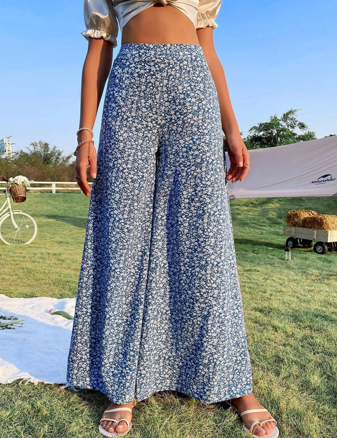 Kotty Women Multicoloured Floral Printed Relaxed Flared High-Rise Easy Wash Wide Leg Trousers