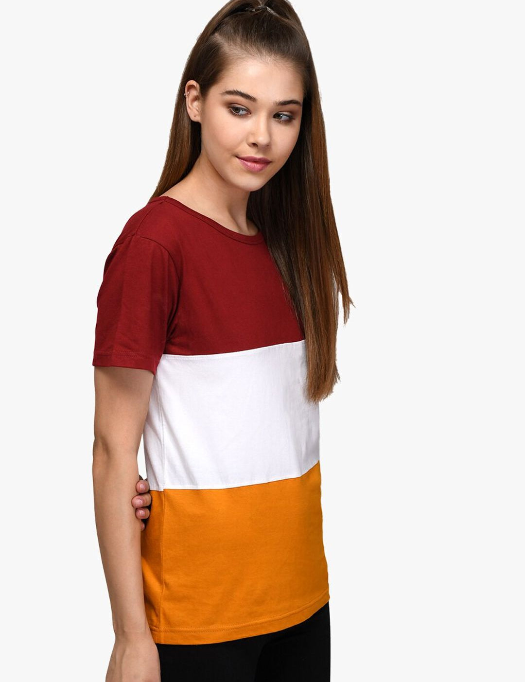 Kotty Women Red & White Colourblocked Round Neck T-shirt