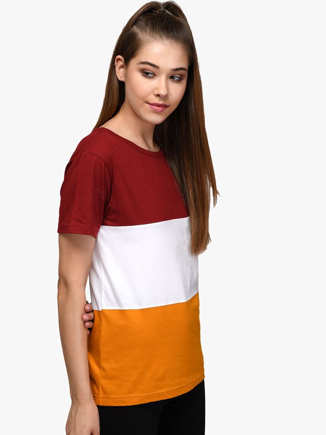 Kotty Women Red & White Colourblocked Round Neck T-shirt
