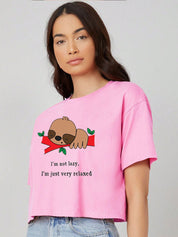 Kotty Graphic Printed Drop Shoulder Sleeves Oversized Crop T-shirt