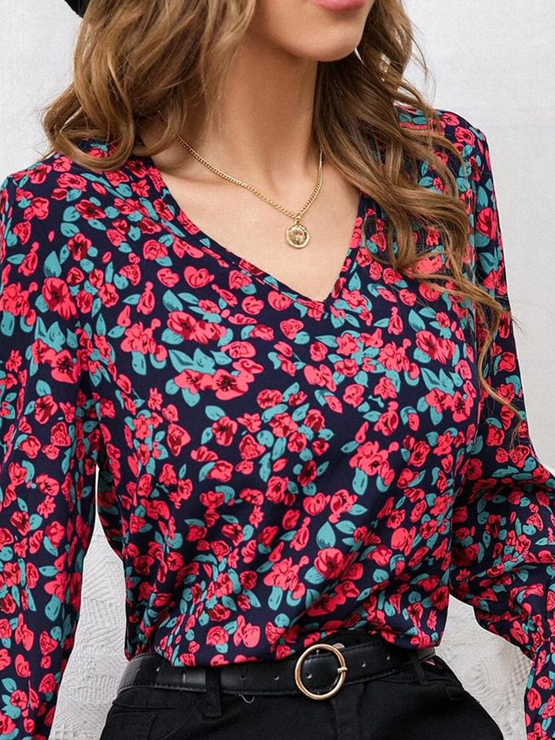 Kotty Navy Blue & Red Floral Print Bell Sleeve Satin Top