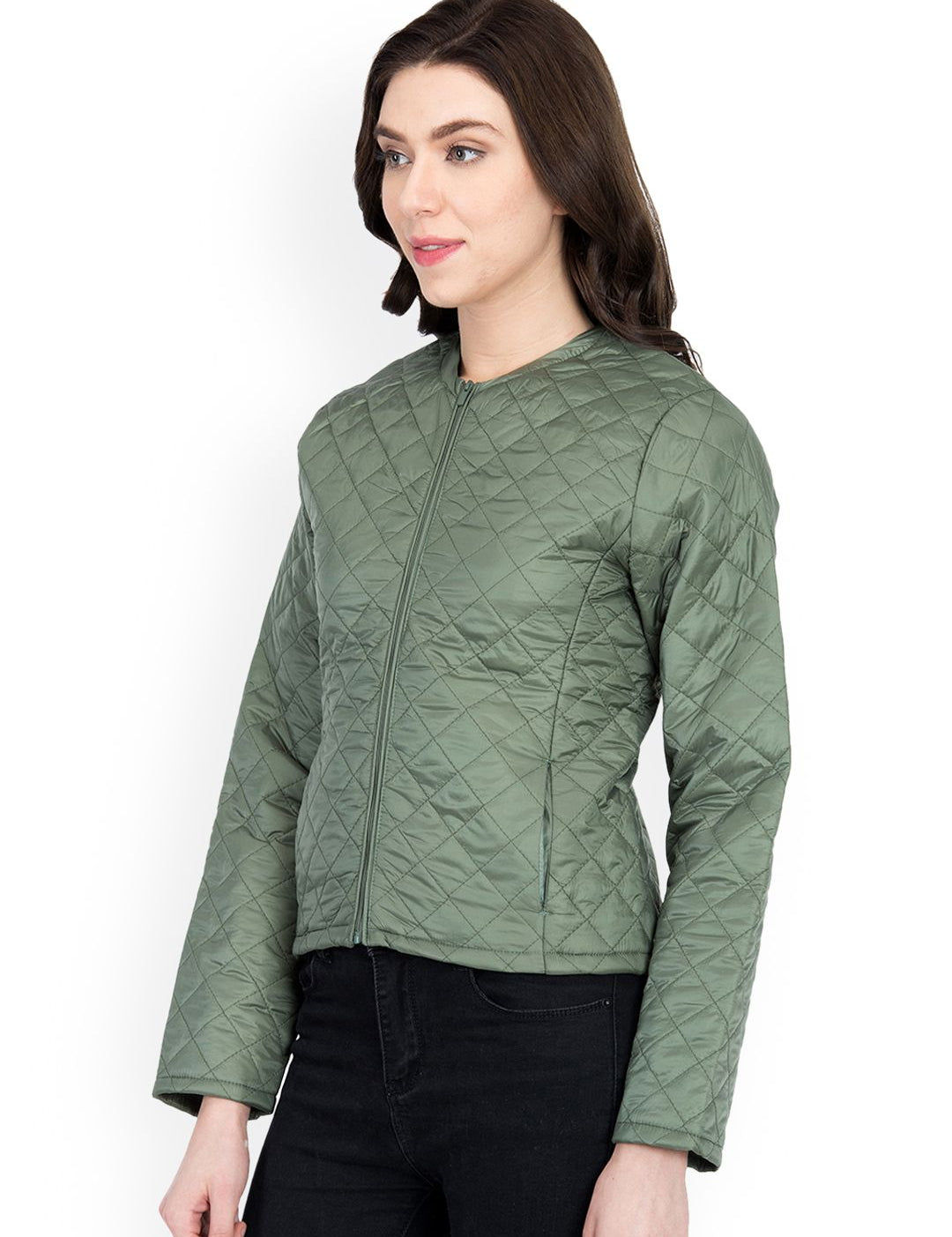Kotty Women Olive Green Self Design Quilted Jacket