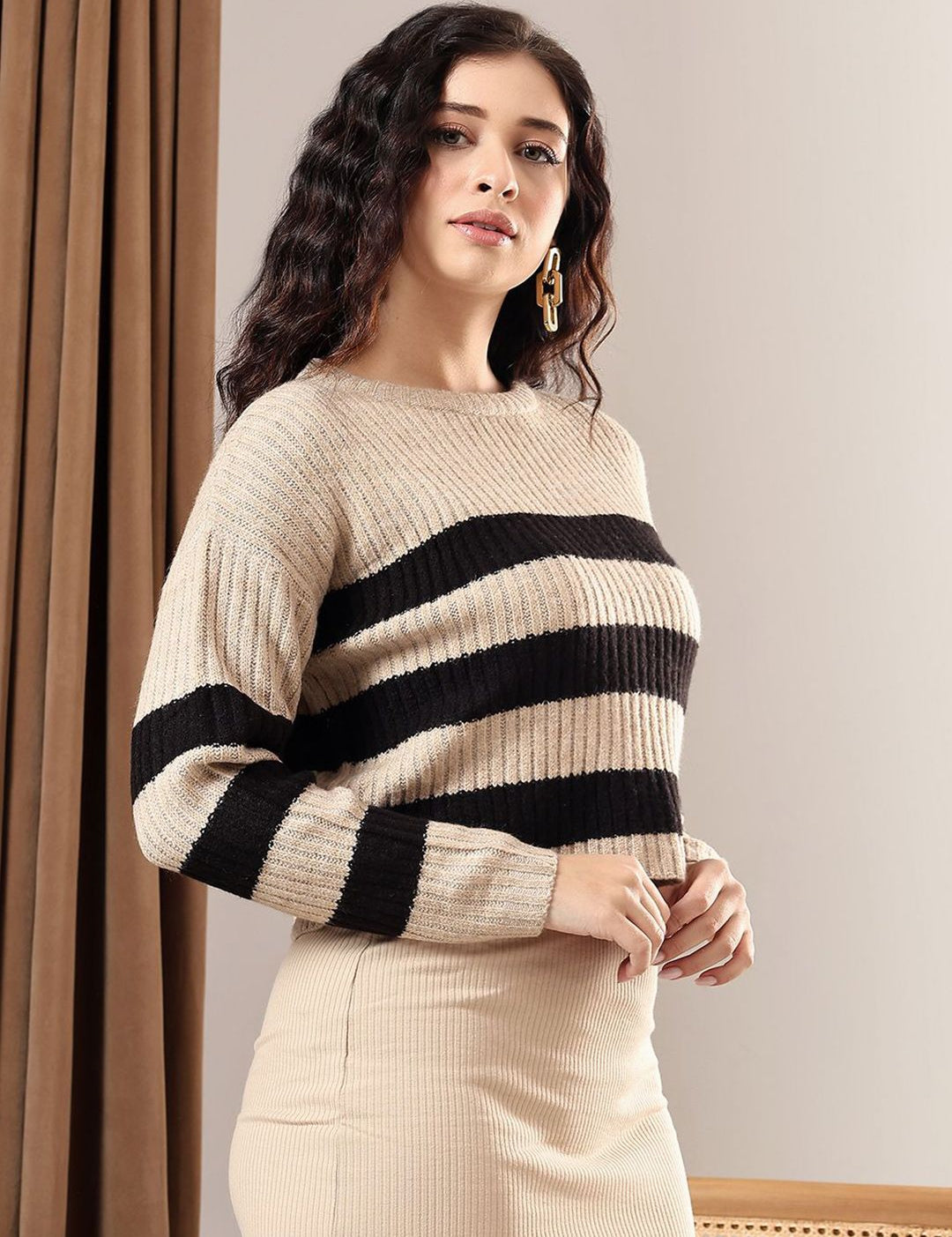Kotty Women Cotton Striped Crop Pullover