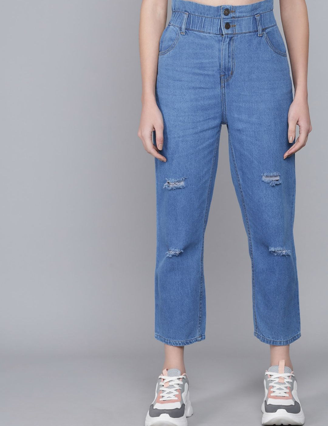 Kotty Women Blue Boyfriend Fit High-Rise Mildly Distressed Light Fade Jeans