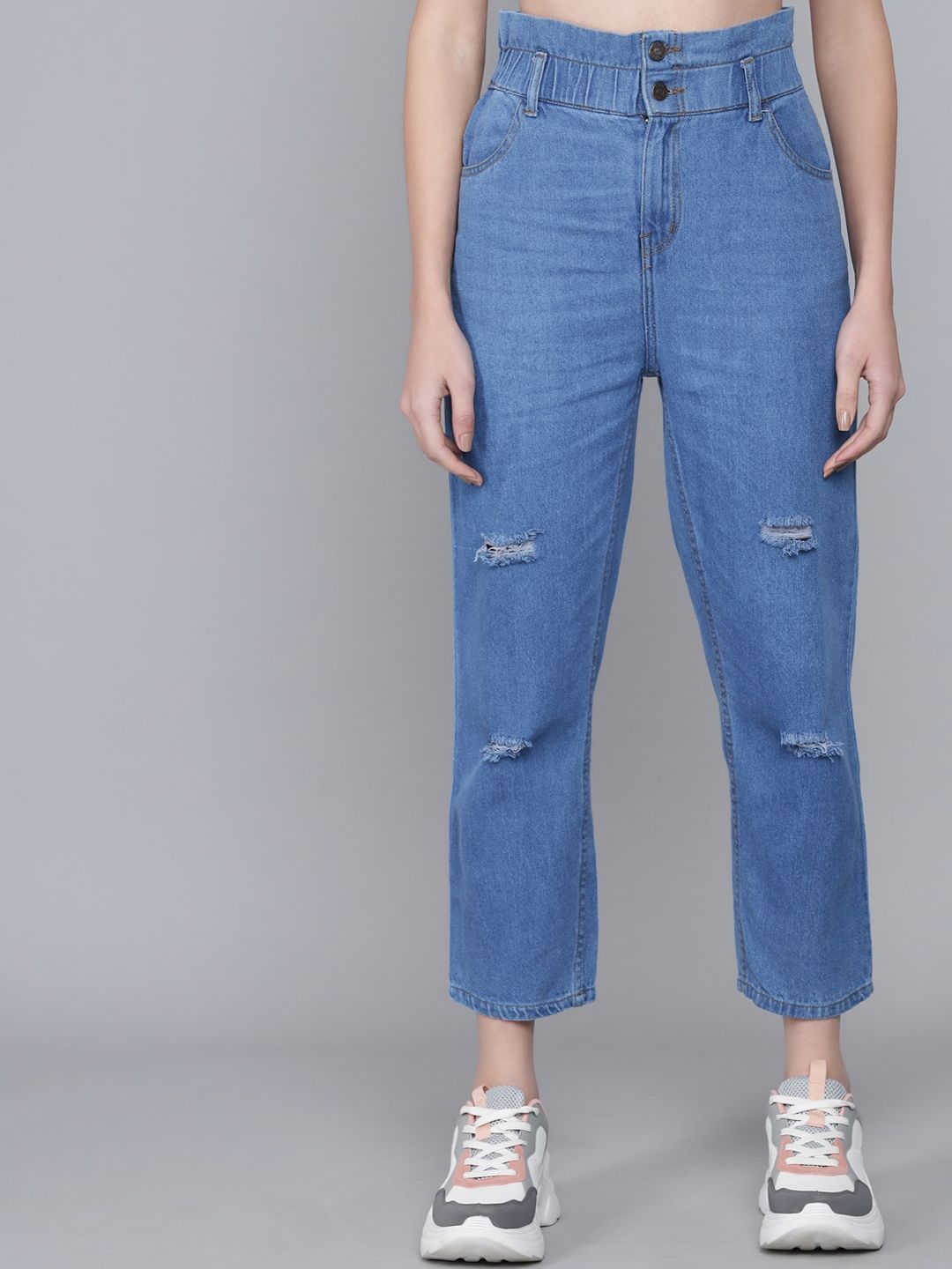 Kotty Women Blue Boyfriend Fit High-Rise Mildly Distressed Light Fade Jeans