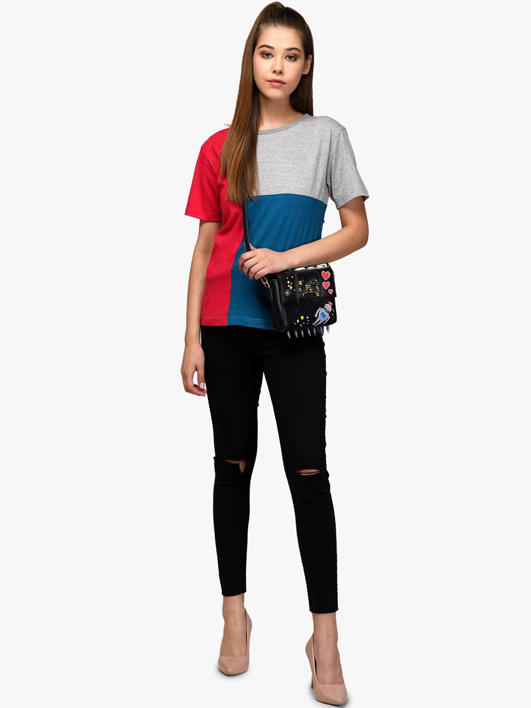 Kotty Women Red & Blue Colourblocked Round Neck T-shirt