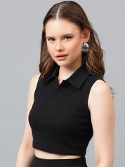 Kotty Black Shirt Collar Fitted Cotton Crop Top