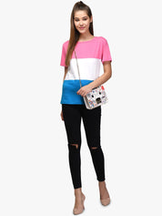 Kotty Women Pink & White Colourblocked Round Neck T-shirt