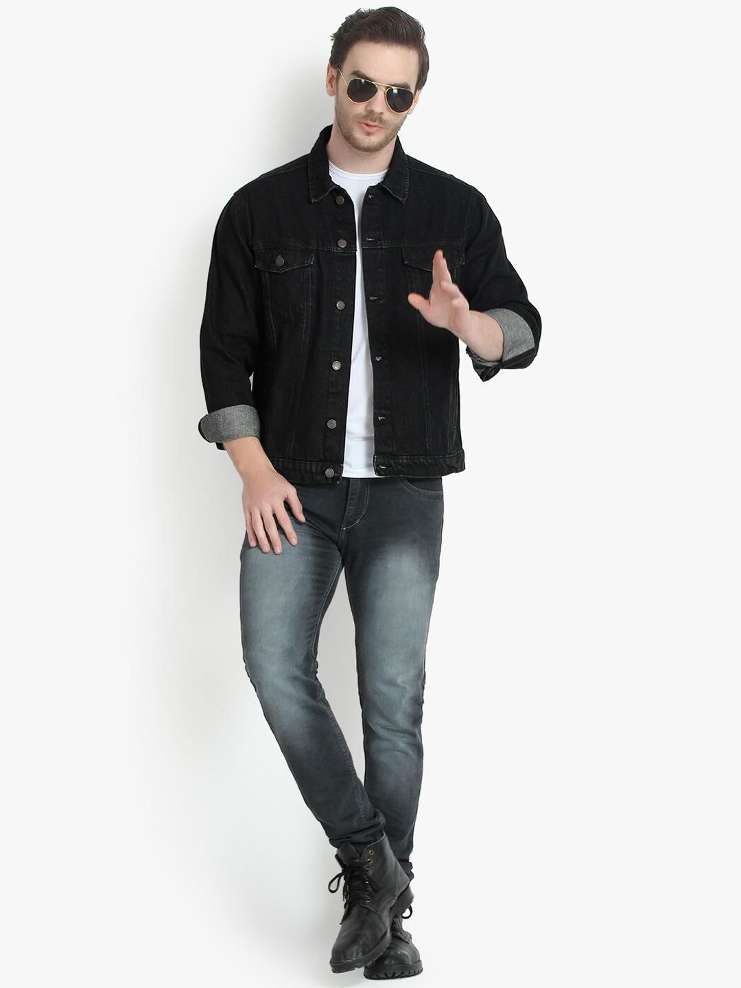 Kotty Men Black Printed Denim Jacket