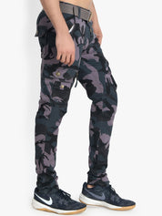 Kotty Men Grey & Blue Regular Fit Printed Cargos