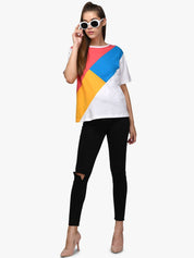 Kotty Women White & Blue Colourblocked Boat Neck T-shirt