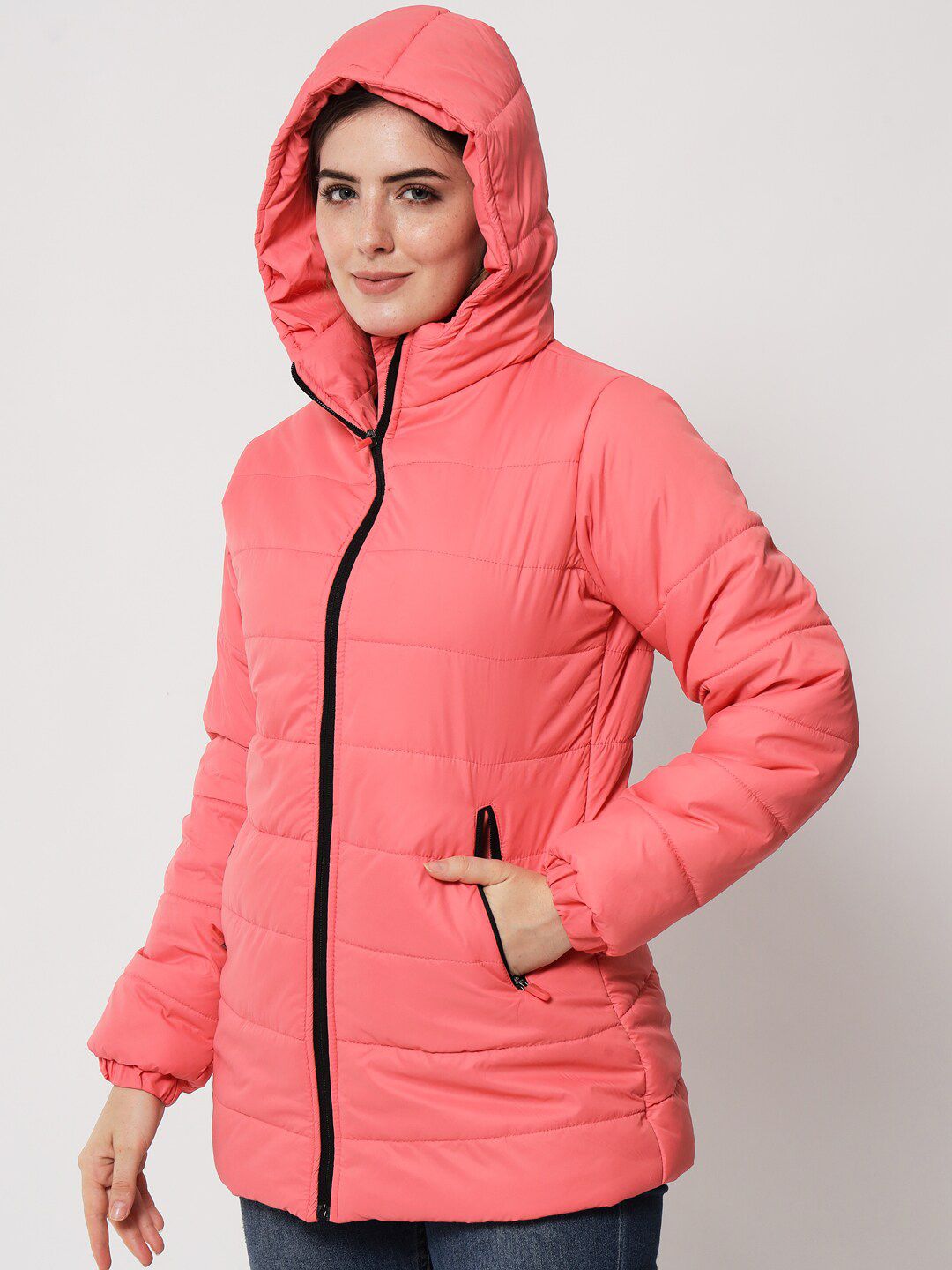 Kotty Women Pink Longline Hooded Puffer Jacket
