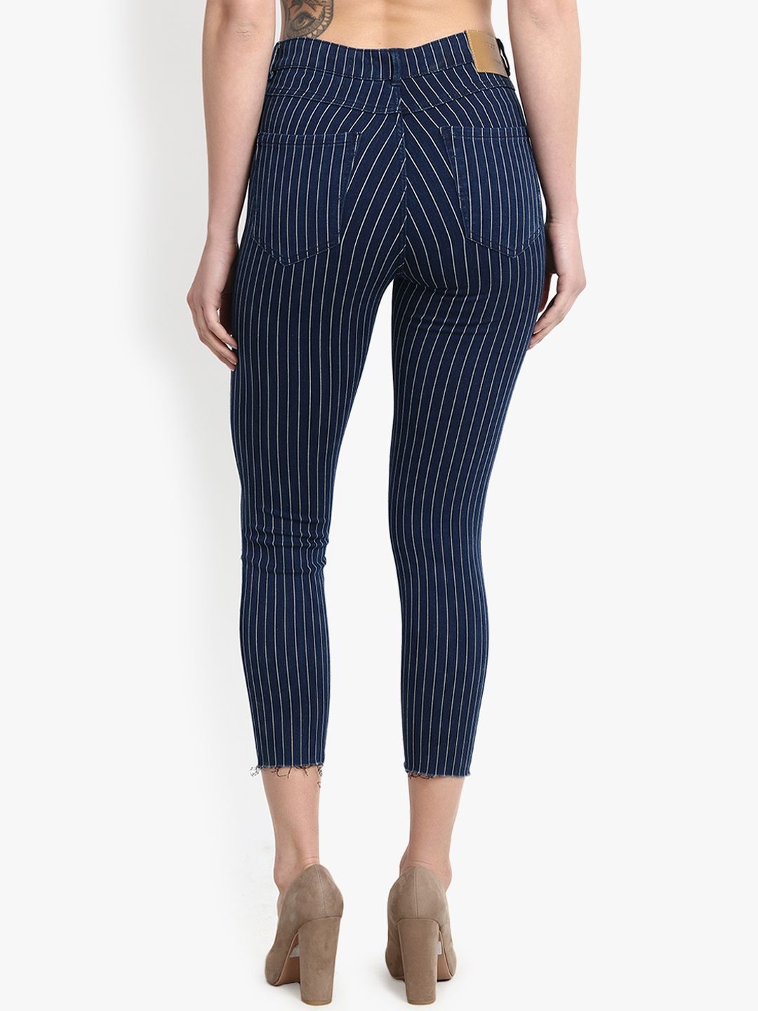 Kotty Women Blue & White Skinny Fit High-Rise Slash Knee Jeans