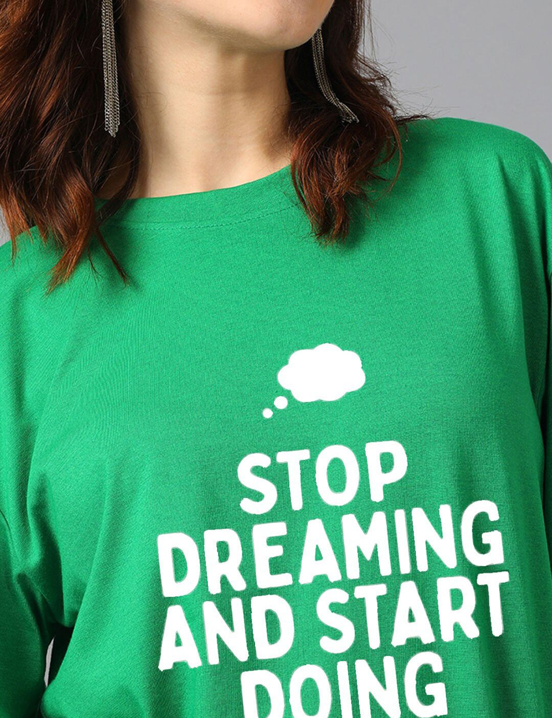 Kotty Green Typography Printed Drop-Shoulder Sleeves Oversized T-shirt