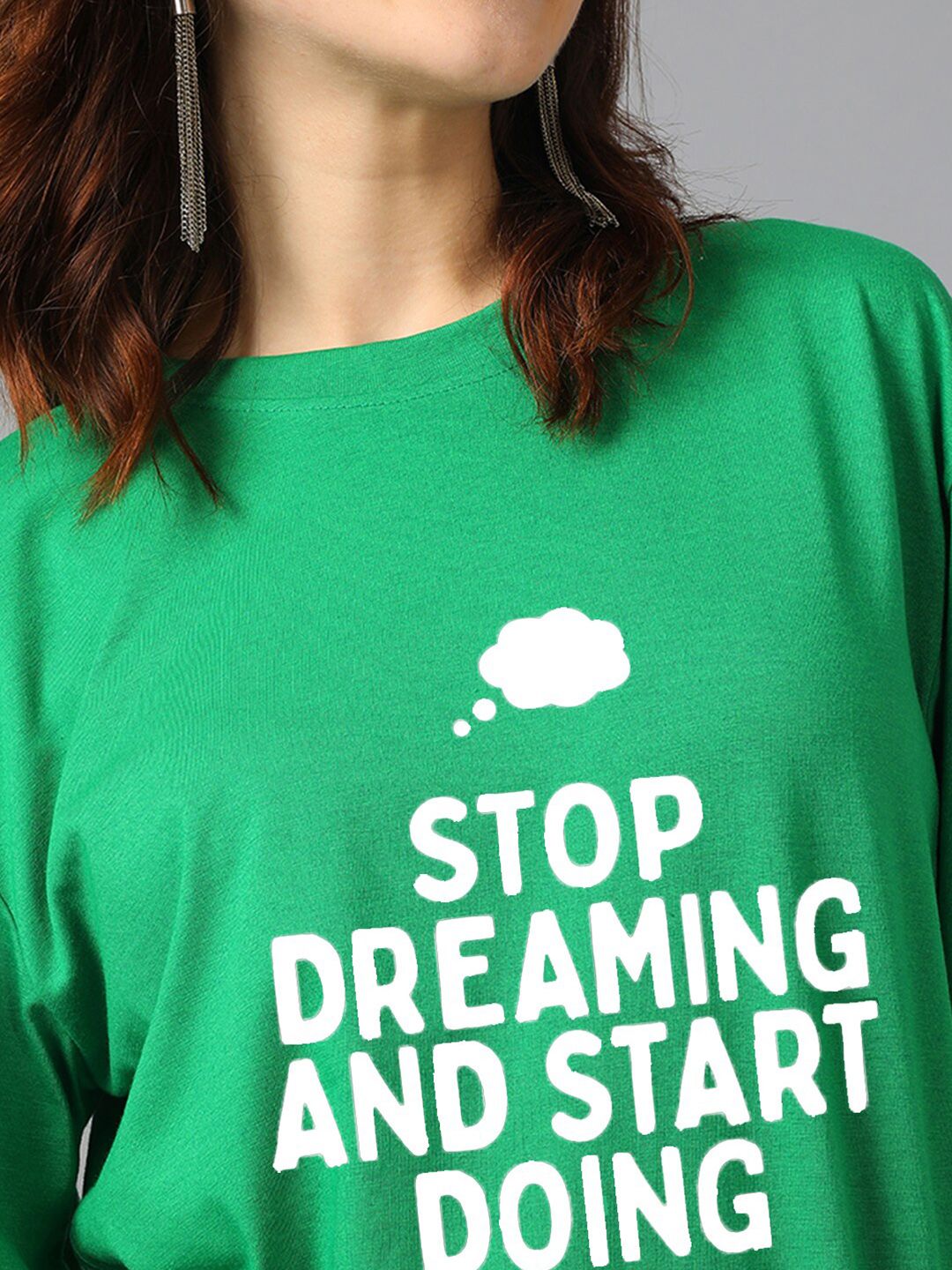 Kotty Green Typography Printed Drop-Shoulder Sleeves Oversized T-shirt