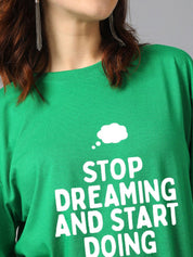 Kotty Green Typography Printed Drop-Shoulder Sleeves Oversized T-shirt