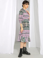 Kotty Pink & Green Ethnic Motifs Printed Cuffed Sleeves A-Line Midi Dress