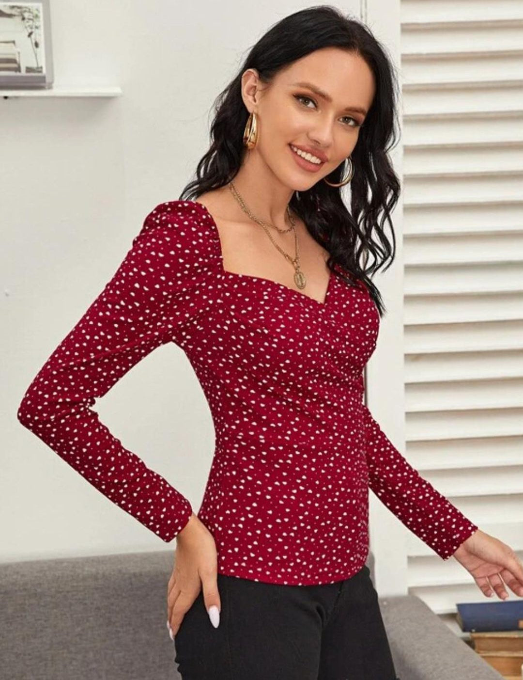 Kotty Maroon Polka Dot Printed Sweetheart Neck Puff Sleeve Crepe Top