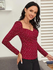 Kotty Maroon Polka Dot Printed Sweetheart Neck Puff Sleeve Crepe Top