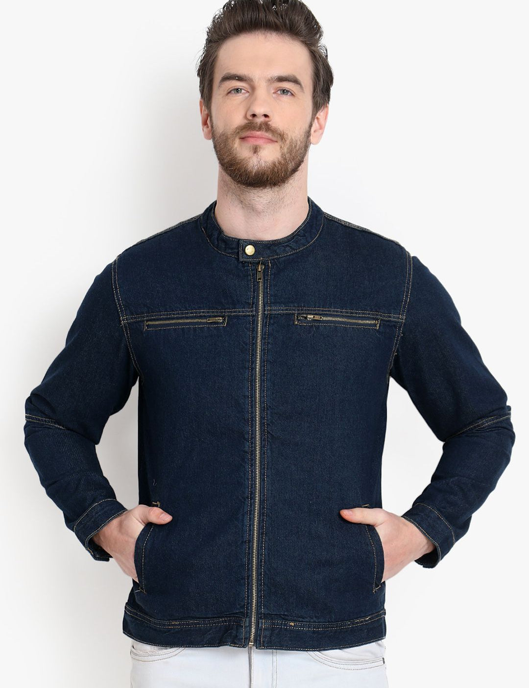 Kotty Men Navy Blue Solid Denim Jacket