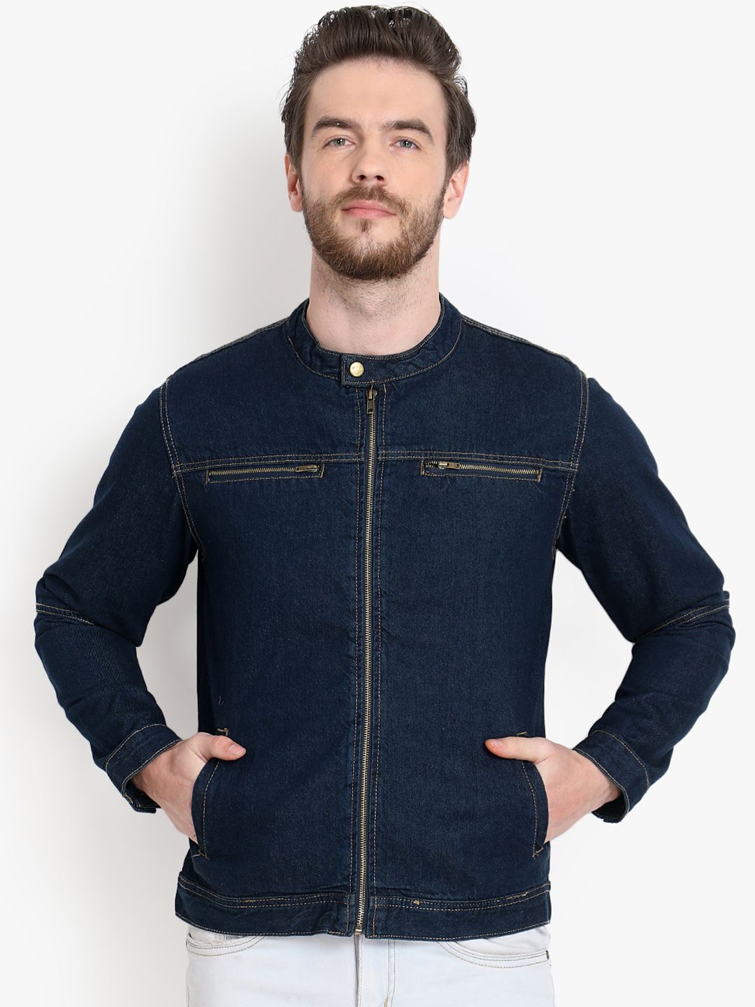 Kotty Men Navy Blue Solid Denim Jacket