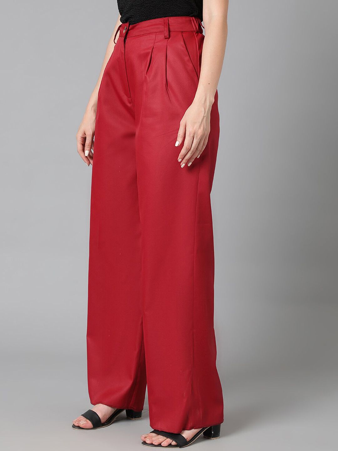 KOTTY BIZwear Women Maroon Relaxed Straight Leg Straight Fit High-Rise Easy Wash Pleated Trousers