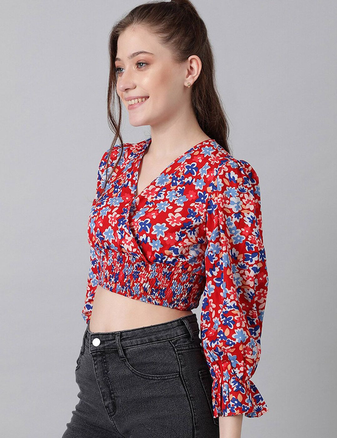Kotty Red Floral Print Puff Sleeve Smocked Crepe Wrap Crop Top
