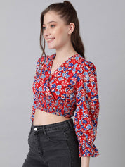 Kotty Red Floral Print Puff Sleeve Smocked Crepe Wrap Crop Top