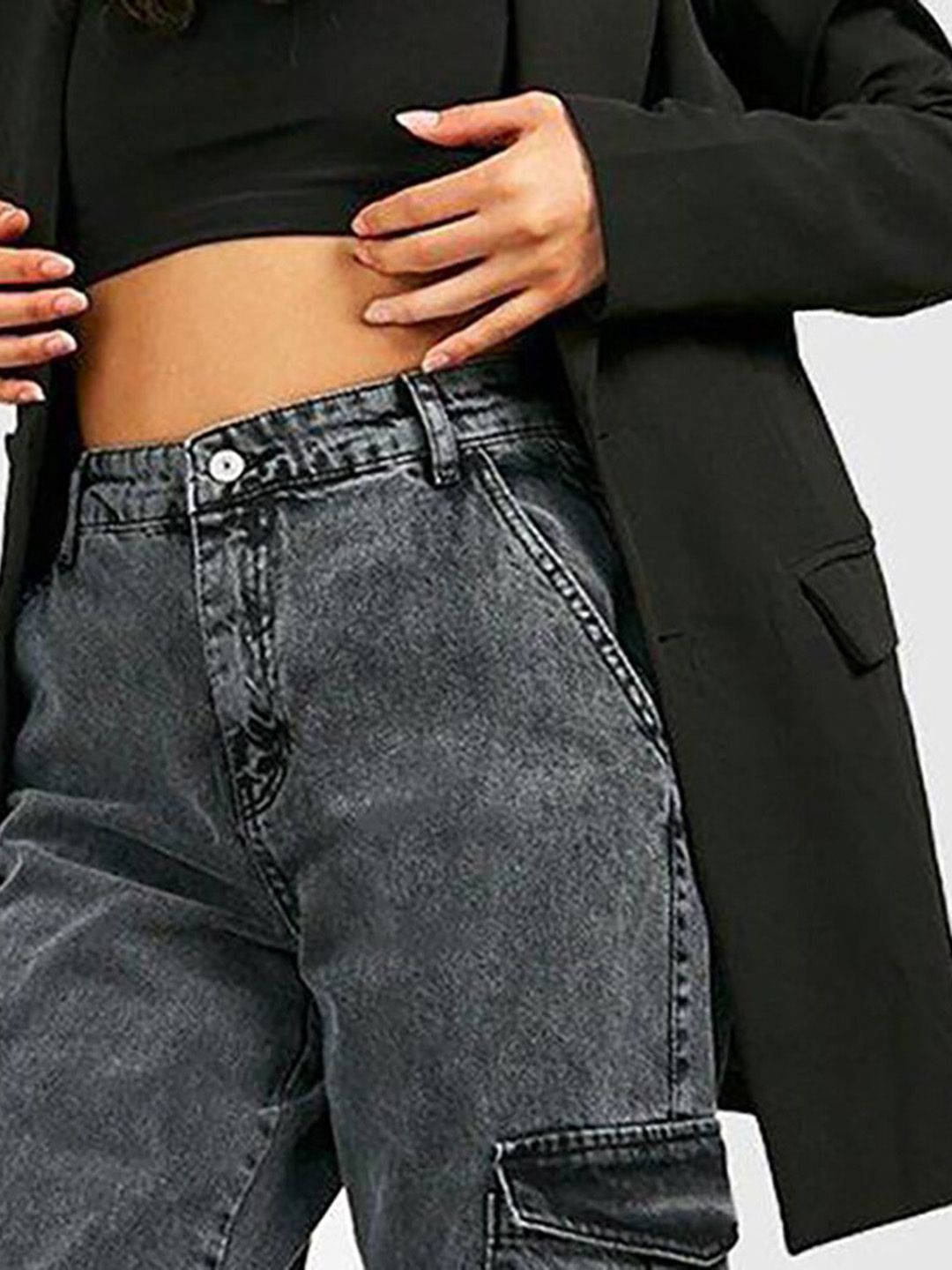 Kotty Women Grey Jean Straight Fit High Rise Stretchable Cargo Jeans