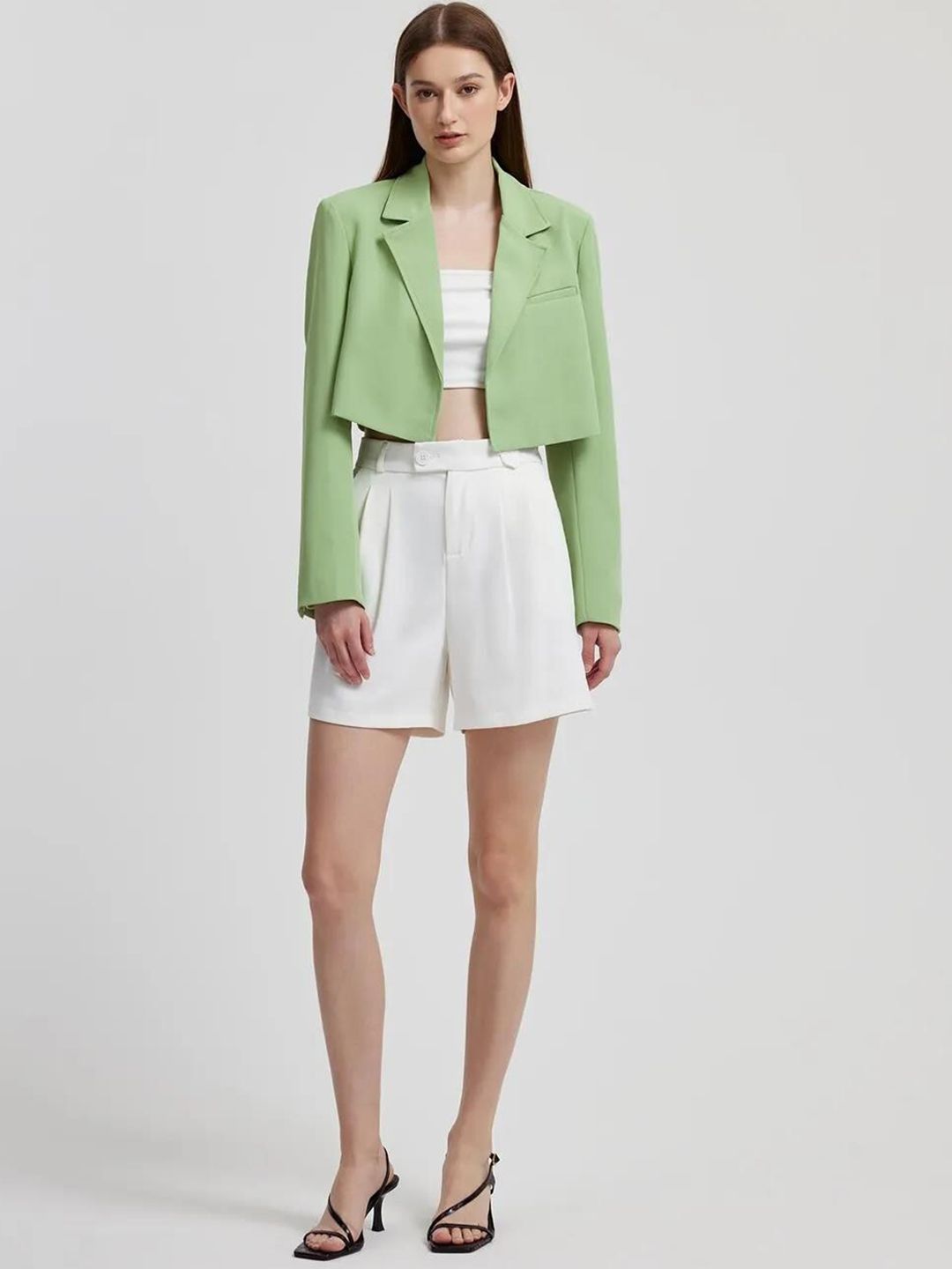 Kotty Green Crop Notched Lapel Collar Regular Fit Blazer