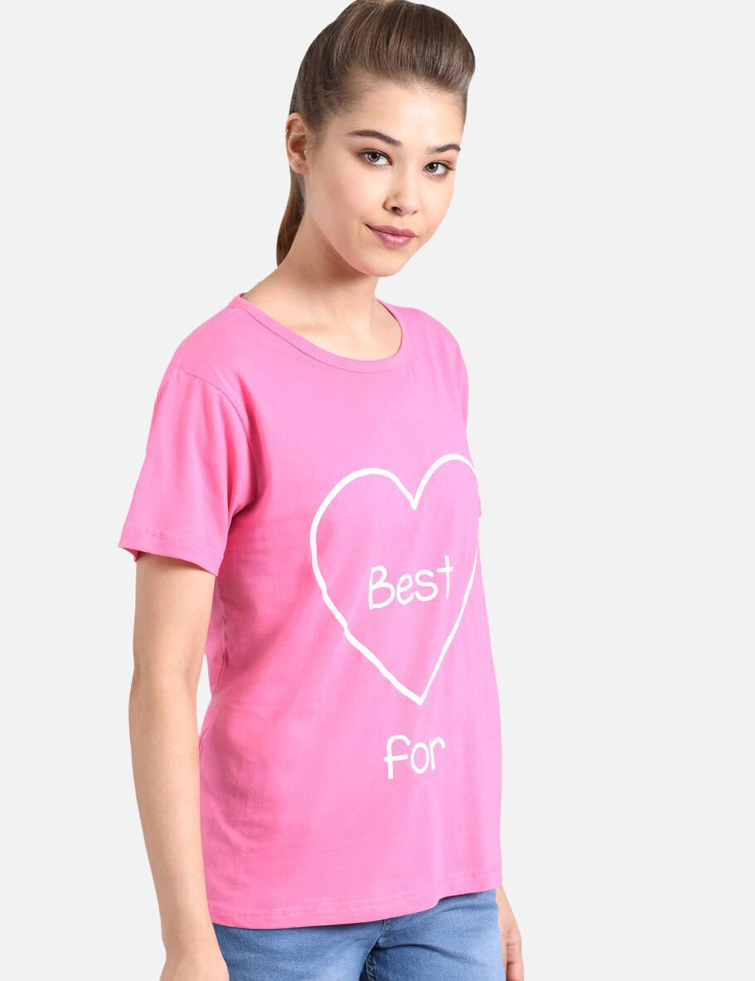 Kotty Women Pink & White Printed Round Neck T-shirt
