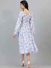 Kotty White And Blue Floral Printed Puff Sleeves Fit & Flare Midi Dress