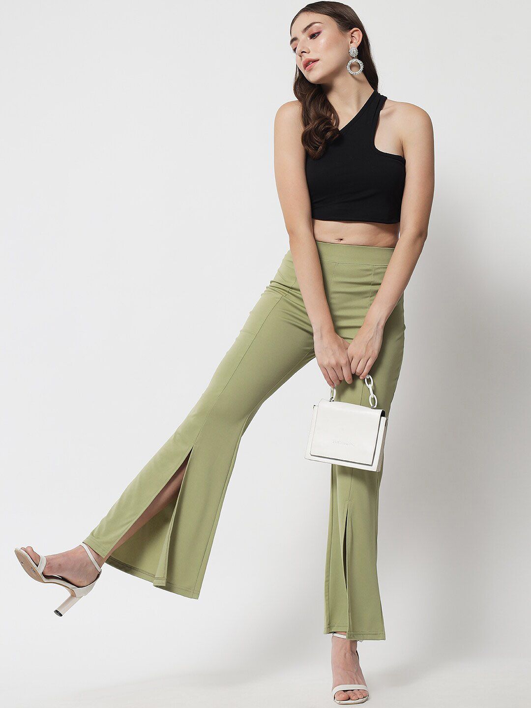 Kotty Women Green Solid Relaxed Fit Bootcut Trousers
