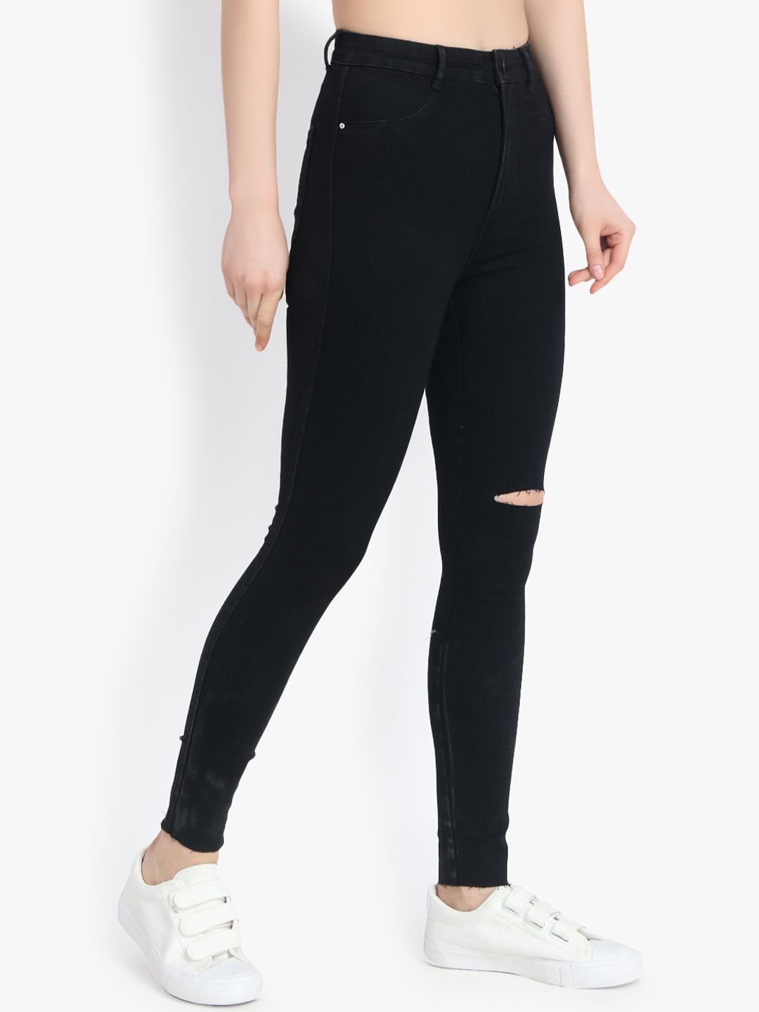 Kotty Women Black Skinny Fit High-Rise Slash Knee Jeans