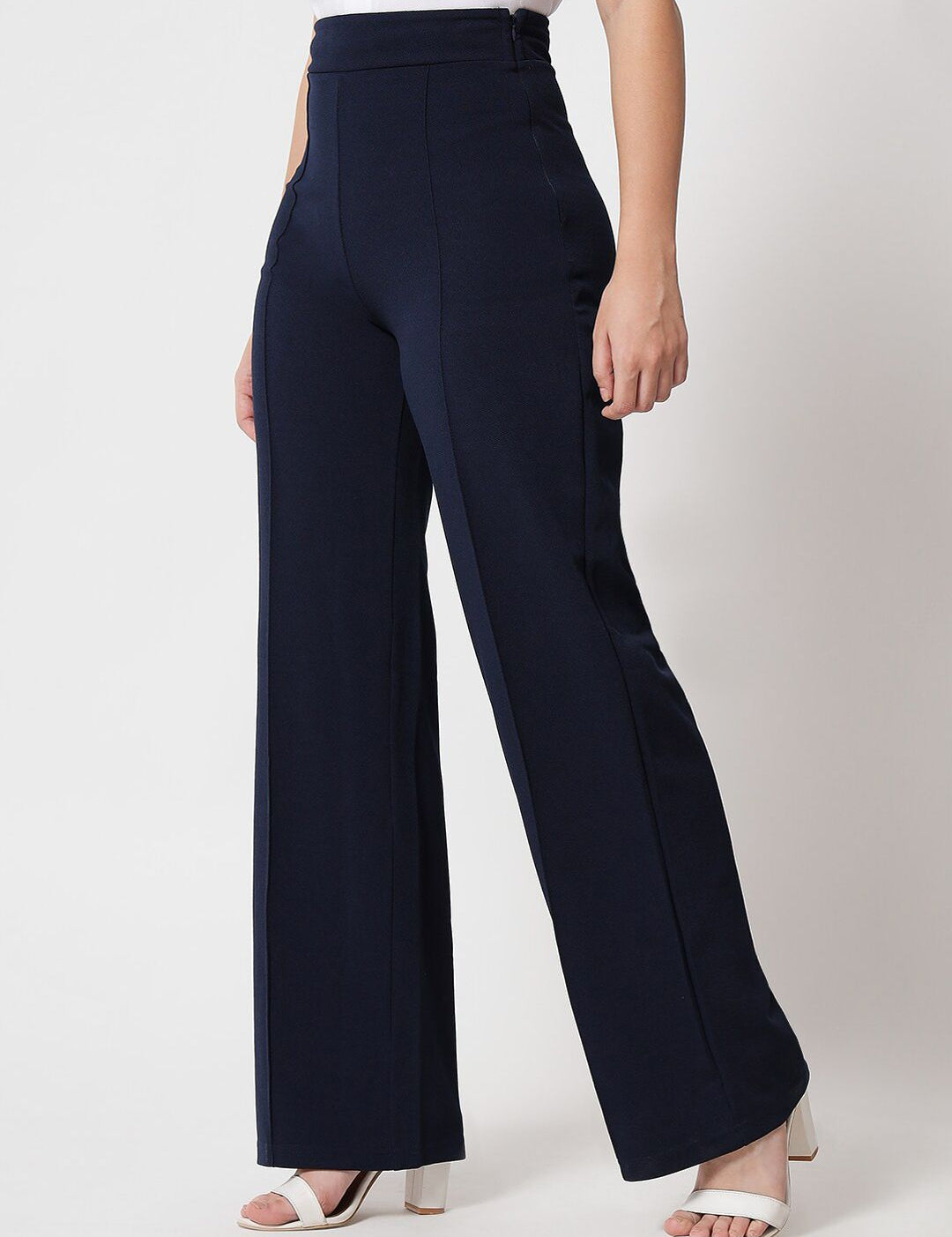 Kotty Women Navy Blue Relaxed Straight Fit High-Rise Easy Wash Trousers