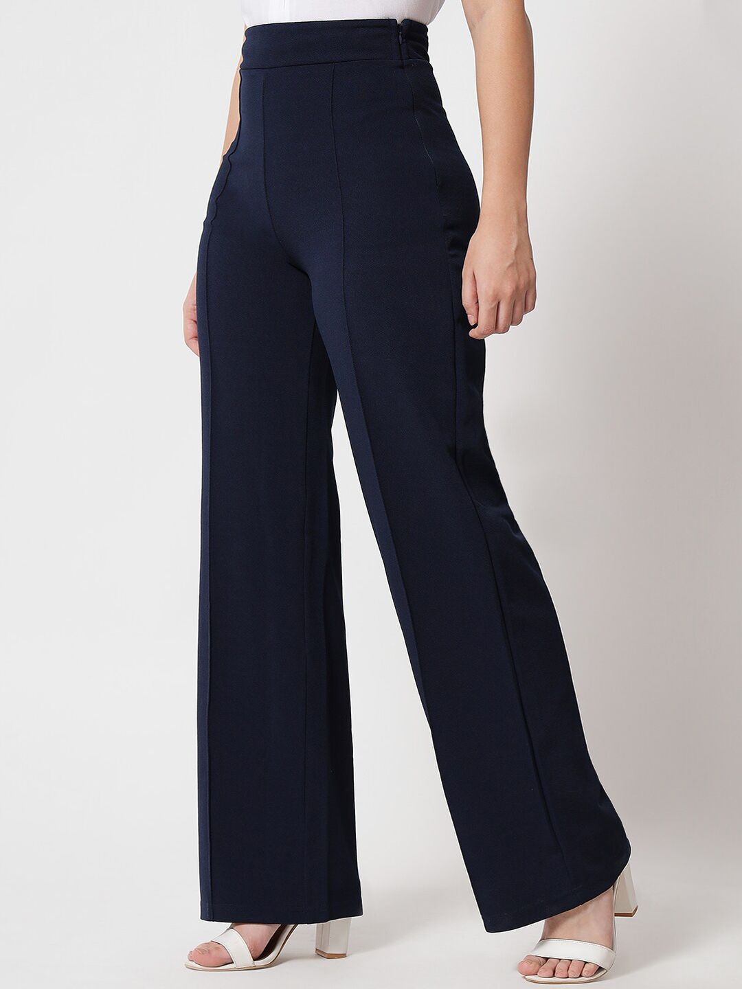 Kotty Women Navy Blue Relaxed Straight Fit High-Rise Easy Wash Trousers
