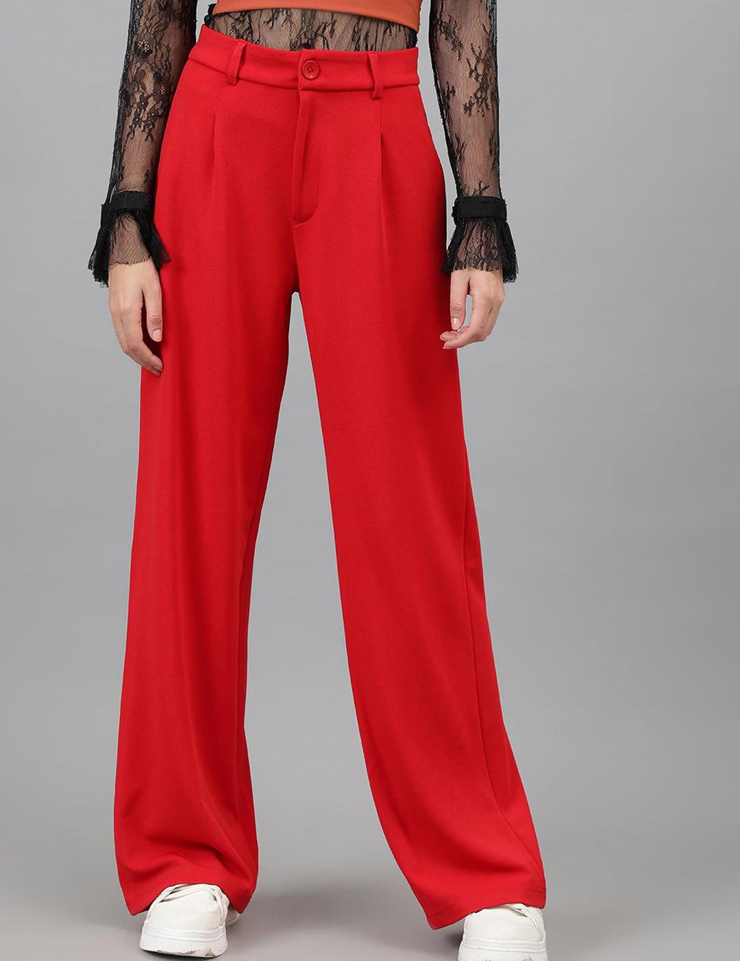 Kotty Women Red Relaxed Straight Leg Straight Fit High-Rise Easy Wash Trousers
