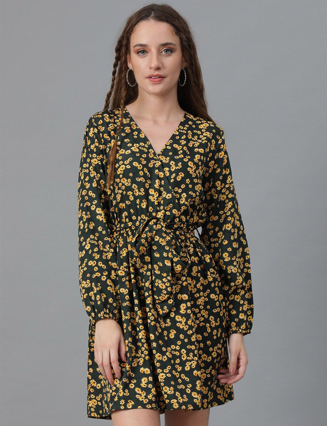 Kotty Olive Green Floral Print Puff Sleeve Fit & Flare Dress