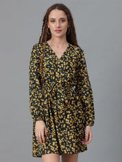 Kotty Olive Green Floral Print Puff Sleeve Fit & Flare Dress