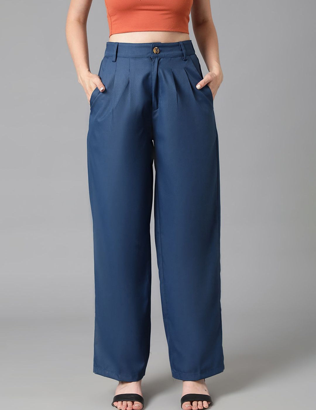 Kotty Women Navy Blue Relaxed Straight Leg High-Rise Easy Wash Pleated Trousers